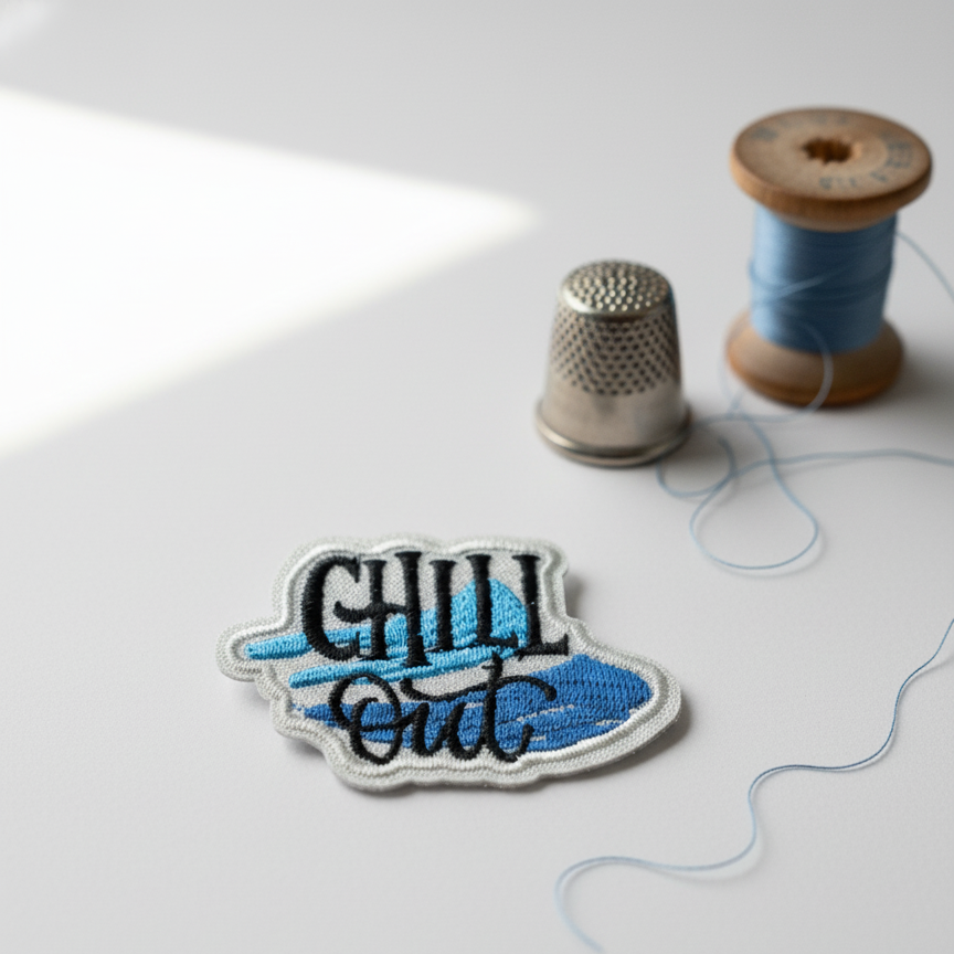 Embroidered patch with 'CHILL OUT' text on a white surface with sewing tools.